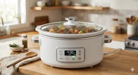 883403678 Beautiful 4 Quart Programmable Slow Cooker Keep Warm White Stoneware Pot