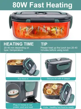 Aby-318 Buddew Electric Lunch Box 80w Food Heater For Adults 12/24/110v Green #3