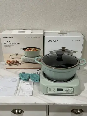 Buydeem 744110303391 5-in-1 Slow Cooker 4.7 Quart With Removable Nonstick Stockpot Cozy Greenish