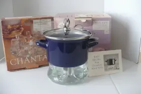 32-140 Chantal Blue Hot Pot/soup Pot With Glass Warming Stand 1.5 Quart Nib