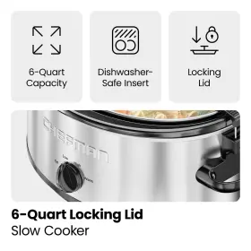 Chefman 816458023863 6 Quart Slow Cooker With Locking Lid Ceramic Crock Portable Cook And Ca #3