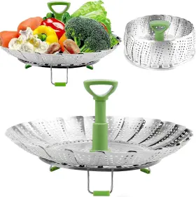 Consevisen 667673331147 Steamer Basket Stainless Steel Vegetable Folding Silver/green