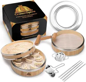 Cs101 Crownspire 2 Tier Bamboo Steamer Basket With Reusable Silicone Beige