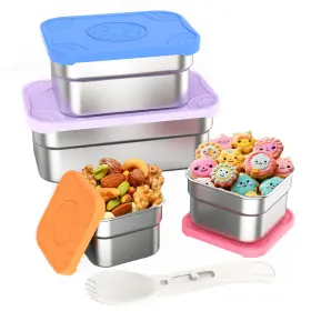 3144 Dacool 4 Pack Kids Stainless Steel Snack Containers With Lids Spork