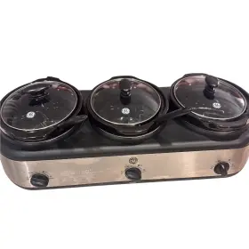 169213 Ge Triple Slow Cooker Buffet Server 3 Station 1.5 Quart Crocks Stainless Steel