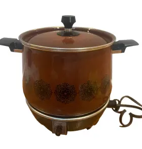 89904 Grants Vtg West Bend Mid Century Mod Flower Brown Removable 6 Quart Stock Pot Clean