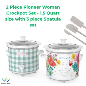 33018 Hamilton Beach Pioneer Woman 2 Piece 1.5 Quart Slow Cooker Set With Spatula - Teal Gingham