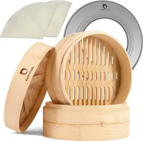 Happi Studio 686457053945 Bamboo Steamer Basket - 2-tier With Ring Set Natural