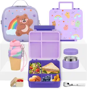 Lz-hgfh001-1 Haweek Lunch Box Kids With 5 Compartments Insulated Food Jar And Utensil Soft Purple