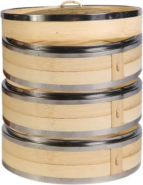 3z3zl27 Hcooker 3 Tier Kitchen Bamboo Steamer With Double Stainless Steel 10.6 Inch