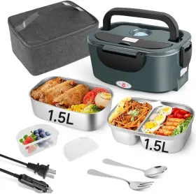 318-t Ixiie Electric Lunch Box 80w Food Warmer For Work 12v/24v/110v Portable Grey Black