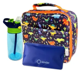 Yz-cz0v-po40 Kinsho Lunch Bag With Water Bottle And Ice Pack Set Blue Orange Dinosaur