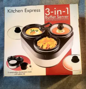 Hmt-042 Kitchen Express 3-in-1 Buffet Server Triple Slow Cooker With Glass Lids Party And Holiday Ready