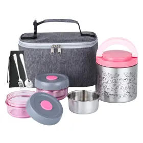 Lille Home 693085992478 Portable Insulated Lunch Box Set With Stainless Steel Pink