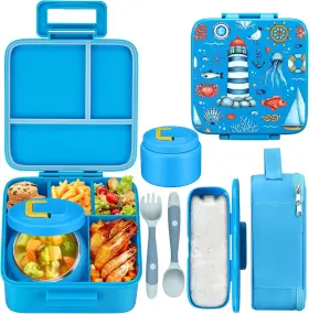 5-compartment Maison Huis Fldfh-blue2 Bento Lunch Box With 8oz Soup Thermo Blue-ocean