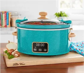 Pw8400778514-6 Pioneer Woman 6 Quart Digital Slow Cooker With Locking Lid Teal Speckle Pw8400778514-6 Pioneer Woman 6 Quart Digital Slow Cooker With Locking Lid Teal Speckle