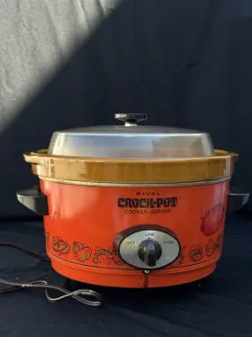 181107 Rival Crock-pot Cooker Server Orange Ceramic Insert Glass Lid Electric