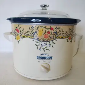 2031017 Rival Crockpot Navy Blue Stone Pot Slow Cooker 6 Quart With Lid Fruit Vines Vtg 3656