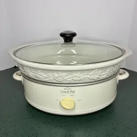 Scve603 Rival Slow Cooker 5 Quart Oval Crock Pot White Leaves Stoneware