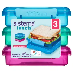 41647 Sistema 3-piece Sandwhich Containers For Lunch 15.3 Oz Blue Green Pink