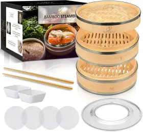 Sp Dynamics 197644689309 Bamboo Steamer Basket Set Chinese Cuisine 10-inch 2 Tiers Vegetable Brown