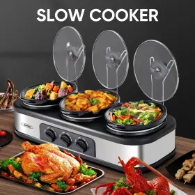 Sunvivi 680358105086 Stainless Steel Triple Slow Cooker With 3 Spoons Pot 1.5 Quart Oval