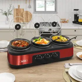 Sunvivi 765037196255 Triple Slow Cooker Buffet Server And Warmer With 3 Removable Ceramic Pots A