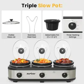 Sunvivi 800689638309 Triple Slow Cooker Buffet Server And Food Warmer Small Mini Pot #3
