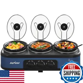 B0fbgs72w8 Sunvivi Triple Slow Cooker Buffet Server And Warmer 3x 2.5 Quart Pots Stainless Steel