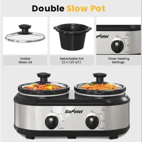 Zes006gr-11 Sunvivi Survivi Double Slow Cooker With Glass Lids - 2 X 1.25 Quart Capacity #3