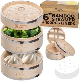 Three Way Cut 705353758256 6 Inch Dumpling Bamboo Steamer 2 Tier Steel Reinforced With 100pcs Liners - Ba
