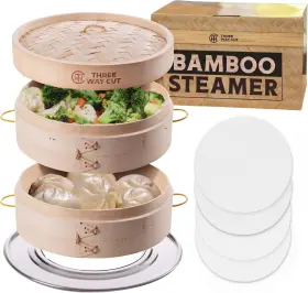 Three Way Cut 759687305402 Bamboo Steamer 10 Inch 2 Tier Wooden Basket With Handle Ring Adapter