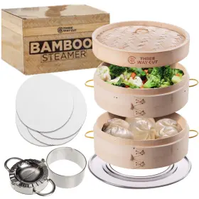 Three Way Cut Bs-10regb01-wh2t Bamboo Steamer 10 Inch 2 Tier Wooden Basket With Handle 5 Piece Set Natural