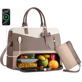 3049-04 Tiostep Lunch Tote Bag For Women 2 In 1 Laptop Work Large Mix Khaki Brown