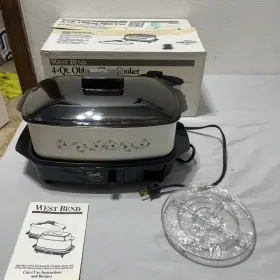 West Bend 072244846744 Vtg 4 Quart Slow Cooker Griddle # 84674 Blue Flowers Plastic Lid Tested
