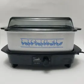 9602 West Bend Vintage Slow Cooker With Glass Lid And Power Cord Grill Blue Geese 4 Qt