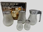 Vintage Glass Kitchen Server Set W/ Stainless Lids Syrup, Sugar, Shakers Retro. Fixed Price $39.95.