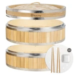 Autjrny 11.8" Vertical Bamboo Steamer Basket, 2-TIER W/ Stainless Steel Ring. Fixed Price $86.76.