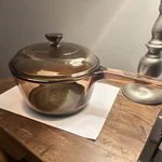 Vintage Pyrex Visions Amber Transparent Glass 2L Saucepan Pot W/ Lid. Fixed Price $35.00.