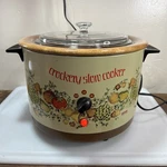 Vintage Montgomery Ward Crockery Slow Cooker With Warming Tray Mushroom Pattern. Fixed Price $63.15.
