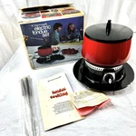Vtg Cornwall Red Electric 1.5 Qt Fondue Pot Set New Nos Forks Cheese Chocolate. Fixed Price $47.99.