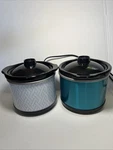 Tru Mini Crockpot .65QT Lot Of 2 And White/blue Pattern- Tested Working. Fixed Price $21.00.