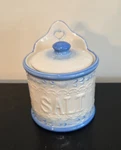 Vintage Blue & White Ceramic Stoneware Crock Salt Box 5 1/4". Fixed Price $25.00.