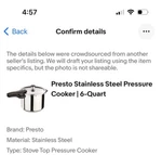 Presto Stainless Steel Pressure Cooker 6-QUART. Fixed Price $65.00.