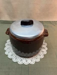 Vintage West End Glazed Stoneware Bean Pot With Aluminum Lid, 2 Quart. Fixed Price $17.00.