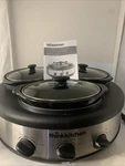 Think Kitchen Triple Slow Cooker With Glass Lids 1.5 Qt (6 Cups) Each Bowl. Fixed Price $18.00.