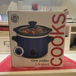 Cooks 1.5 Qt Slow Cooker Blue Brushed Stainless Steel, Temp Control, 3-SET. Fixed Price $25.99.