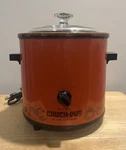 Vtg 1970 Rival Crock Pot Slow Cooker Server 3100/2 Red Orange Glass Lid 3.5QT. Fixed Price $26.75.