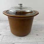 Vintage Glazed Brown Rival 3.5 Qt Crock Pot Stoneware Insert With Glass Lid. Fixed Price $39.99.