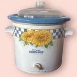 Vtg Rival Crock Pot 3150 3.5 Quart Sunflower White Blue Checker Slow Cooker Lid. Fixed Price $42.49.